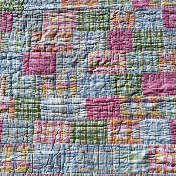 POTTERY BARN KIDS Pastel Madras Twin Bed Quilt Patchwork Pink Blue Yellow Green - Picture 5 of 13